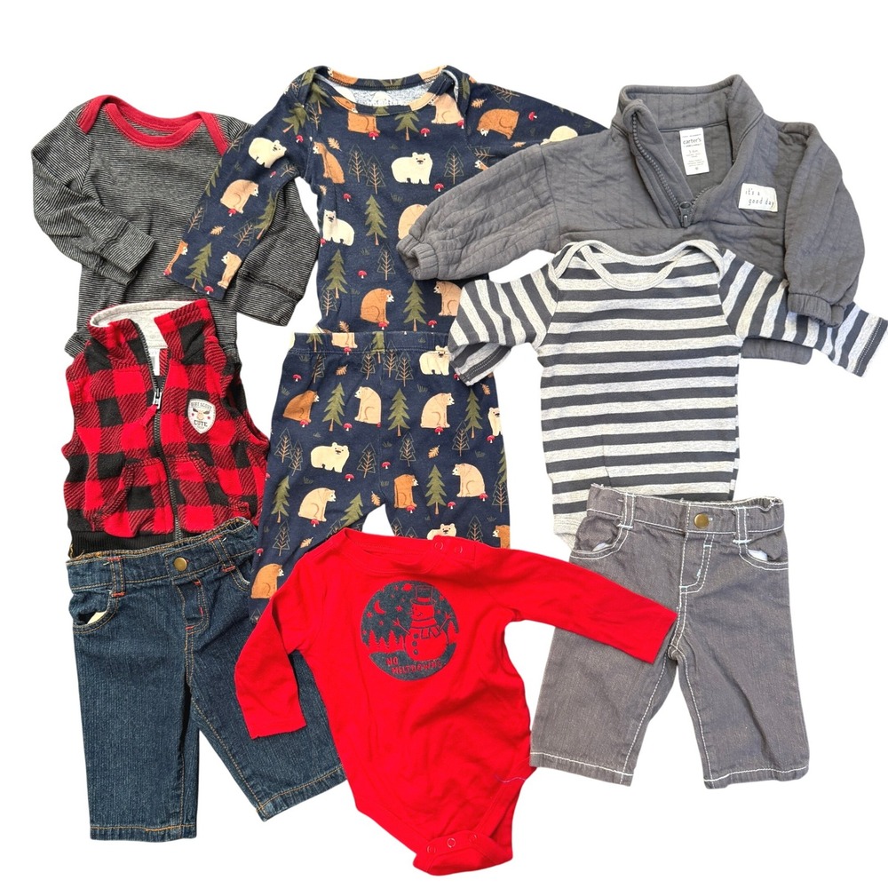 Baby Boy Clothes Lot 3-6M Carters Garanimals Flannel Vest Pullover Pants 9pc Set